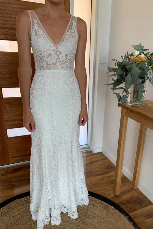 Lace V-neck Open Back Floor-Length  Wedding Dresses 2019