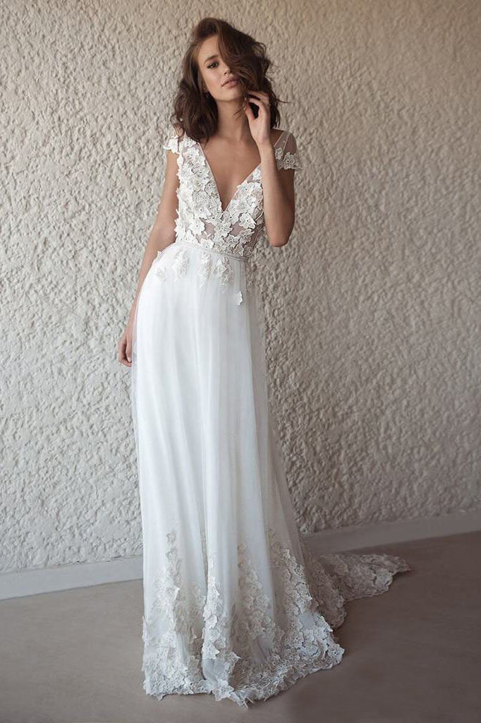 A-Line/Princess Sweep Train Appliques Lace Wedding Dresses