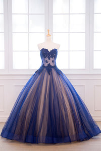 Ball Gown Natural Tulle Applique Sweetheart Sleeveless Prom Dresses
