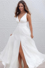 White Simple A-Line Deep V-neck Sleeveless Long Chiffon Bridal Wedding Dresses