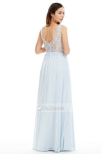 Blue OKdress V-neck Illusion Lace Back Princess Prom Dress UK