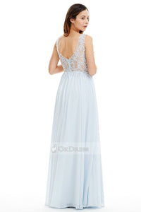 Blue OKdress V-neck Illusion Lace Back Princess Prom Dress UK