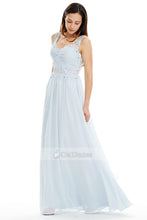 Blue OKdress V-neck Illusion Lace Back Princess Prom Dress UK