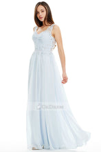 Blue OKdress V-neck Illusion Lace Back Princess Prom Dress UK