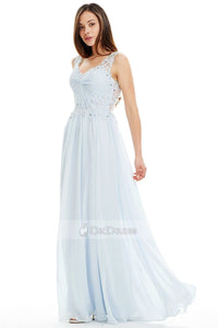 Blue OKdress V-neck Illusion Lace Back Princess Prom Dress UK