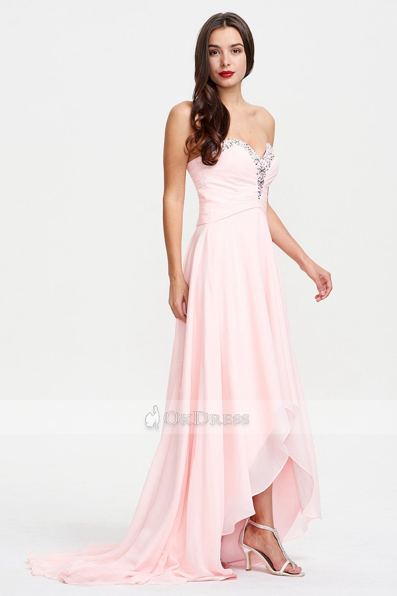 Pink Asymmetrical A-line Sweetheart Sleeveless Candy Pink Chiffon Evening Dress