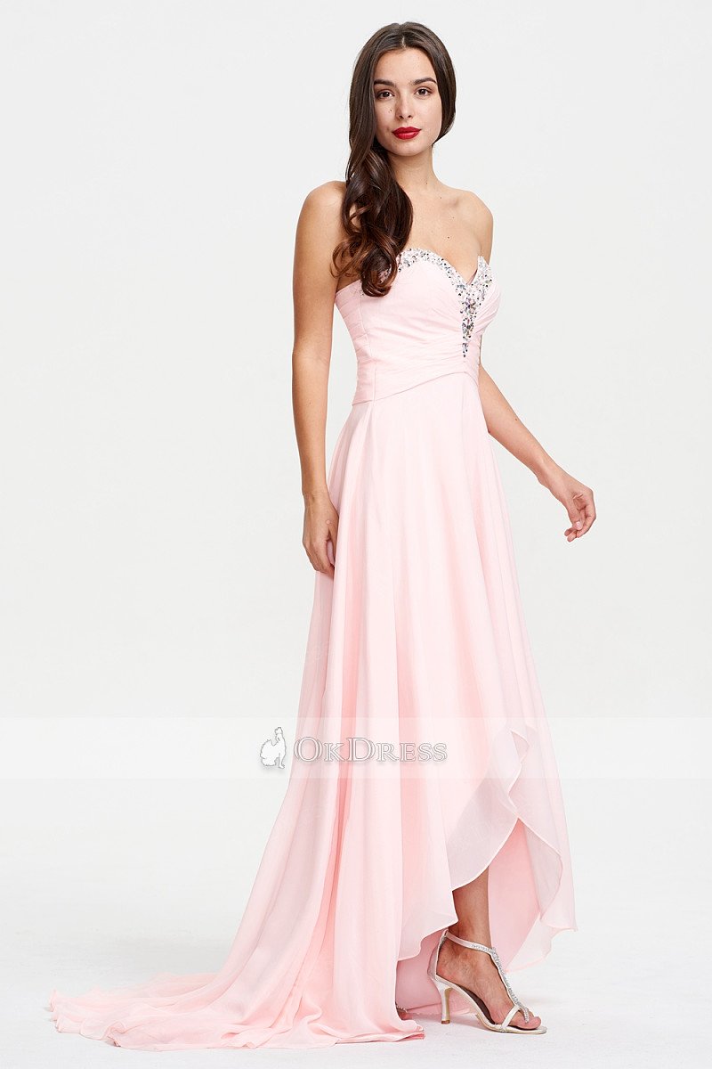 Pink Asymmetrical A-line Sweetheart Sleeveless Candy Pink Chiffon Even   Okeydress