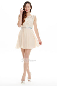 OKdress Charming Short Bateau Chiffon Lace Prom Dresses