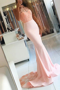 Pink Mermaid Empire High Neck Sleeveless Satin Buttons Prom Dresses