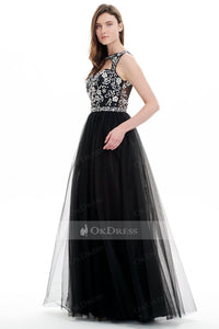 Black Hot Selling A-line Floor-length Bateau Tulle Prom Dresses