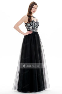 Black Hot Selling A-line Floor-length Bateau Tulle Prom Dresses