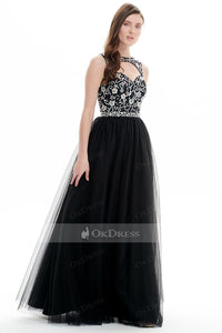 Black Hot Selling A-line Floor-length Bateau Tulle Prom Dresses