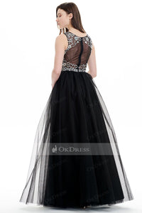 Black Hot Selling A-line Floor-length Bateau Tulle Prom Dresses