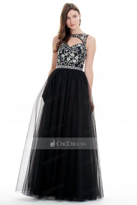 Black Hot Selling A-line Floor-length Bateau Tulle Prom Dresses