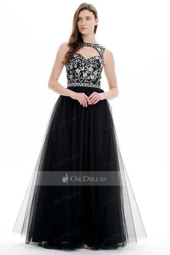 Black Hot Selling A-line Floor-length Bateau Tulle Prom Dresses