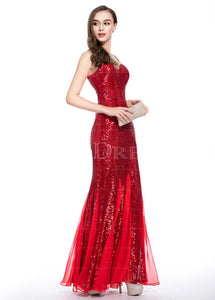 Spaghetti Straps Sleeveless Sheath Long Sequined Evening Dresses