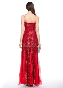 Spaghetti Straps Sleeveless Sheath Long Sequined Evening Dresses