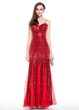 Spaghetti Straps Sleeveless Sheath Long Sequined Evening Dresses