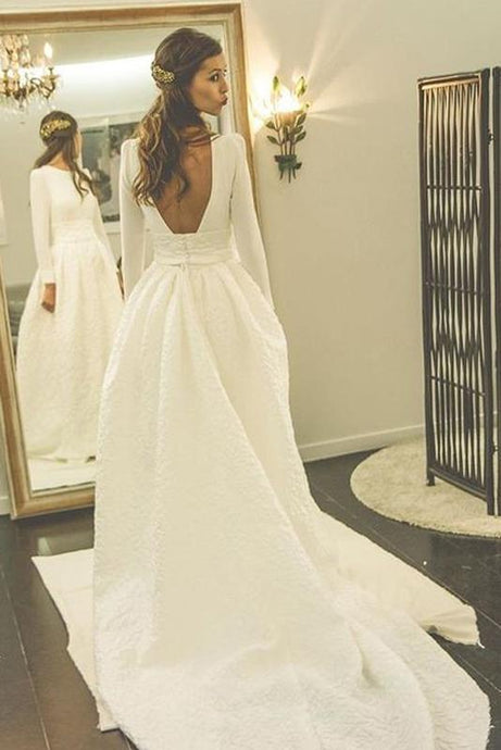 Ivory Modest Sash A-line/Princess Long Sleeves Lace Wedding Dresses