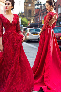 Red Backless Lace Sleeveless V-neck Beading Prom Dresses