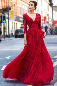 Red Backless Lace Sleeveless V-neck Beading Prom Dresses