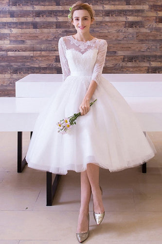 A-line/Princess 3/4 Sleeves Tea-length Bridal Wedding Dresses