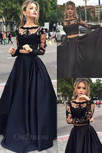 Two-Piece A-line Full/Long Sleeve Lace Applique Black Tulle Prom Dresses