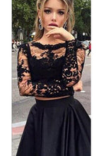 Two-Piece A-line Full/Long Sleeve Lace Applique Black Tulle Prom Dresses