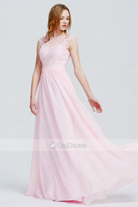 Blushing Pink Scoop A-line/Princess Applique Chiffon Long Prom Dresses