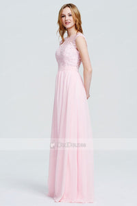 Blushing Pink Scoop A-line/Princess Applique Chiffon Long Prom Dresses