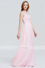 Blushing Pink Scoop A-line/Princess Applique Chiffon Long Prom Dresses