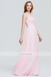 Blushing Pink Scoop A-line/Princess Applique Chiffon Long Prom Dresses