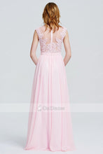 Blushing Pink Scoop A-line/Princess Applique Chiffon Long Prom Dresses