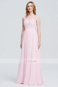 Blushing Pink Scoop A-line/Princess Applique Chiffon Long Prom Dresses