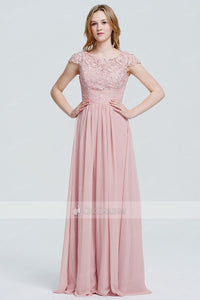Pink Classy A-line/Princess Cap Sleeves Chiffon Long Prom Dresses Sale