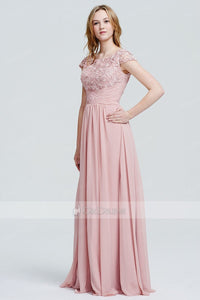 Pink Classy A-line/Princess Cap Sleeves Chiffon Long Prom Dresses Sale