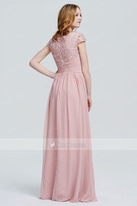 Pink Classy A-line/Princess Cap Sleeves Chiffon Long Prom Dresses Sale