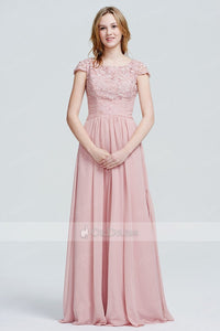 Pink Classy A-line/Princess Cap Sleeves Chiffon Long Prom Dresses Sale
