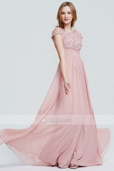 Pink Classy A-line/Princess Cap Sleeves Chiffon Long Prom Dresses Sale