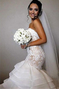 White Delicate Natural Applique Sleeveless Sweep Train Wedding Dresses