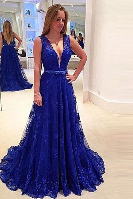 Fashion A line Princess Deep V neck Long Lace Prom Dresses Okeydress