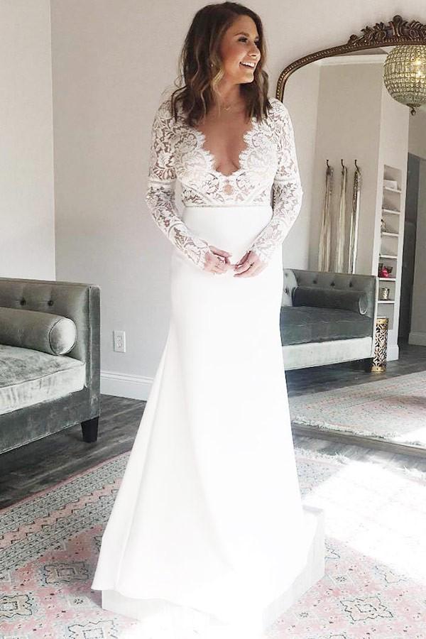 Sexy A-Line/Princess Lace Floor-Length Long Sleeves Wedding Dresses