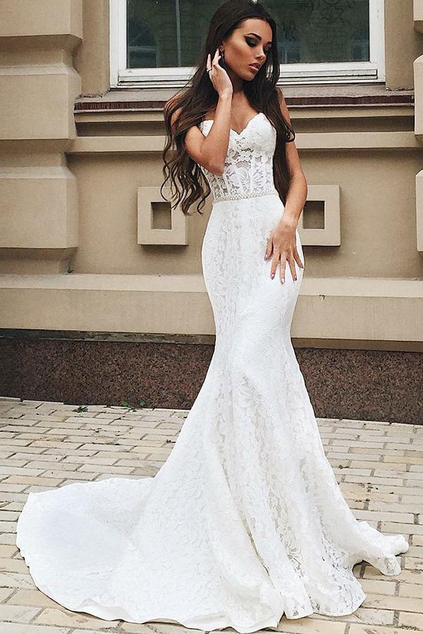 Trumpet/Mermaid Lace Floor-Length Sleeveless Wedding Dresses with  Beading