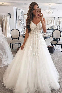 Spaghetti Strap Sleeveless Tulle Floor-Length Appliques Lace Wedding Dresses