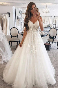 Spaghetti Strap Sleeveless Tulle Floor-Length Appliques Lace Wedding Dresses