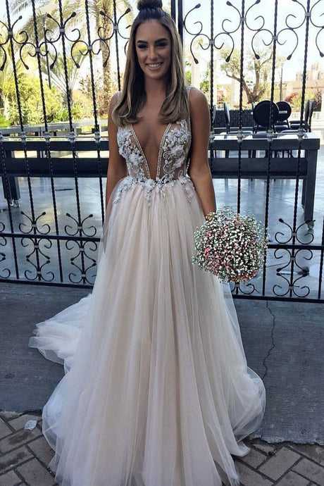A-Line/Princess Tulle V-neck Sleeveless Floor-Length Wedding Dresses