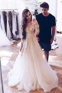 A-Line/Princess  Sweep Train Tulle  Long Sleeves Appliques Lace Wedding Dresses