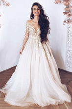 A-Line/Princess  Sweep Train Tulle  Long Sleeves Appliques Lace Wedding Dresses
