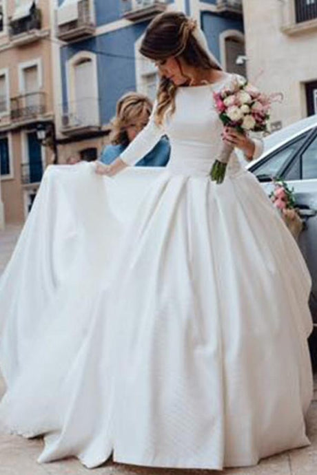 A-Line/Princess Satin 3/4 Sleeves Off-the-Shoulder Floor-Length Wedding Dresses