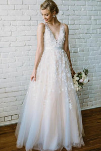 A-Line/Princess V-neck Tulle  Sleeveless Appliques Lace Floor-Length Wedding Dresses